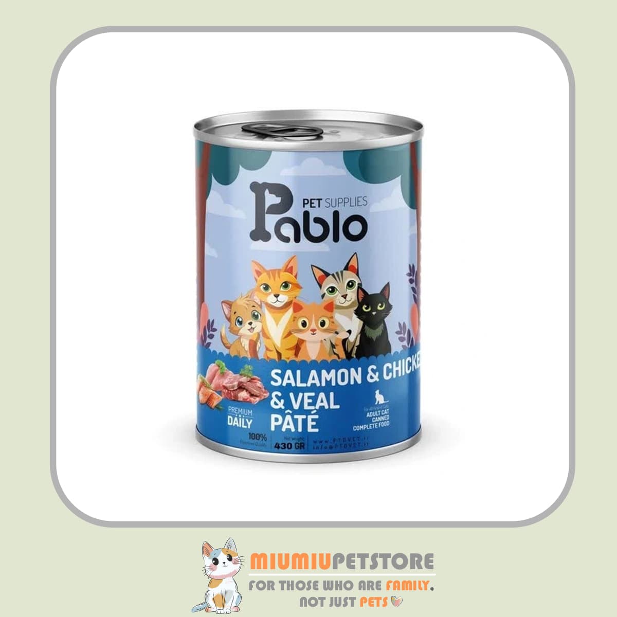 کنسرو پرمیوم گربه بالغ با طعم گوشت گوساله و مرغ و سالمون 400 گرم پابلو