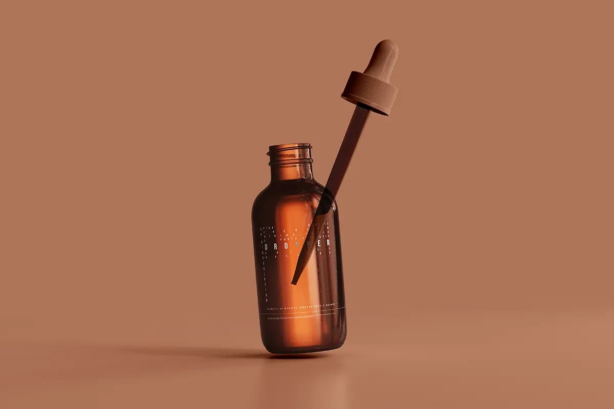 موکاپ بطری قطره‌ای شیشه‌ای کهربایی همراه با جعبه — تصویر ۷