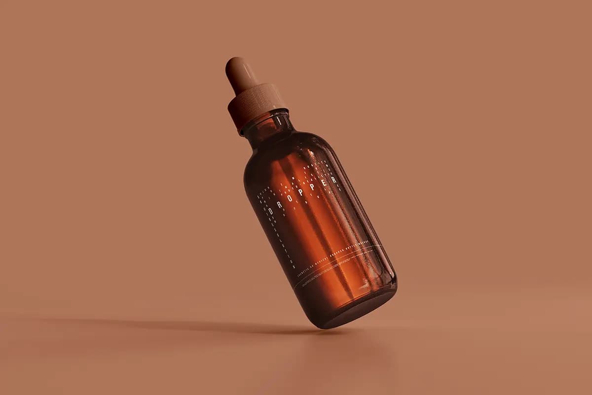 موکاپ بطری قطره‌ای شیشه‌ای کهربایی همراه با جعبه — تصویر ۶