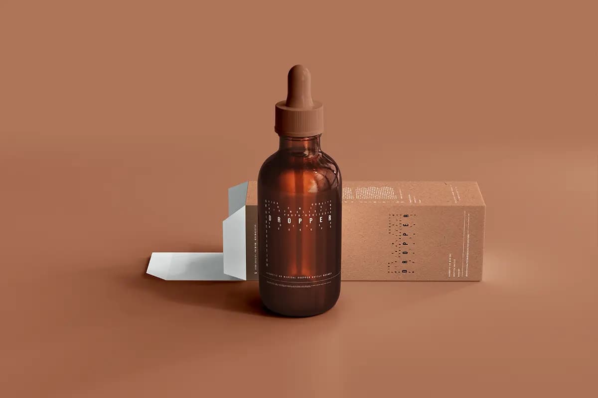 موکاپ بطری قطره‌ای شیشه‌ای کهربایی همراه با جعبه — تصویر ۴
