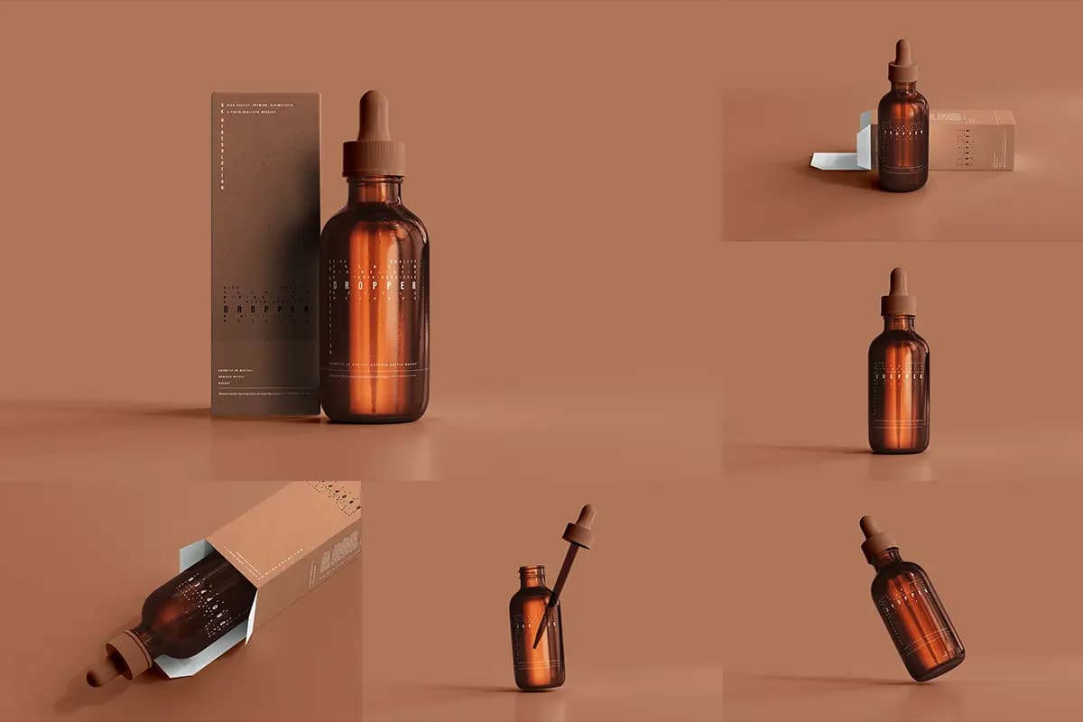 موکاپ بطری قطره‌ای شیشه‌ای کهربایی همراه با جعبه