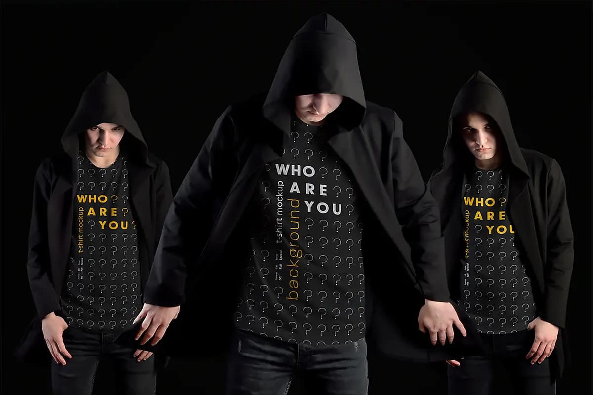 موکاپ تی‌شرت مردانه با هود مشکی — تصویر ۴