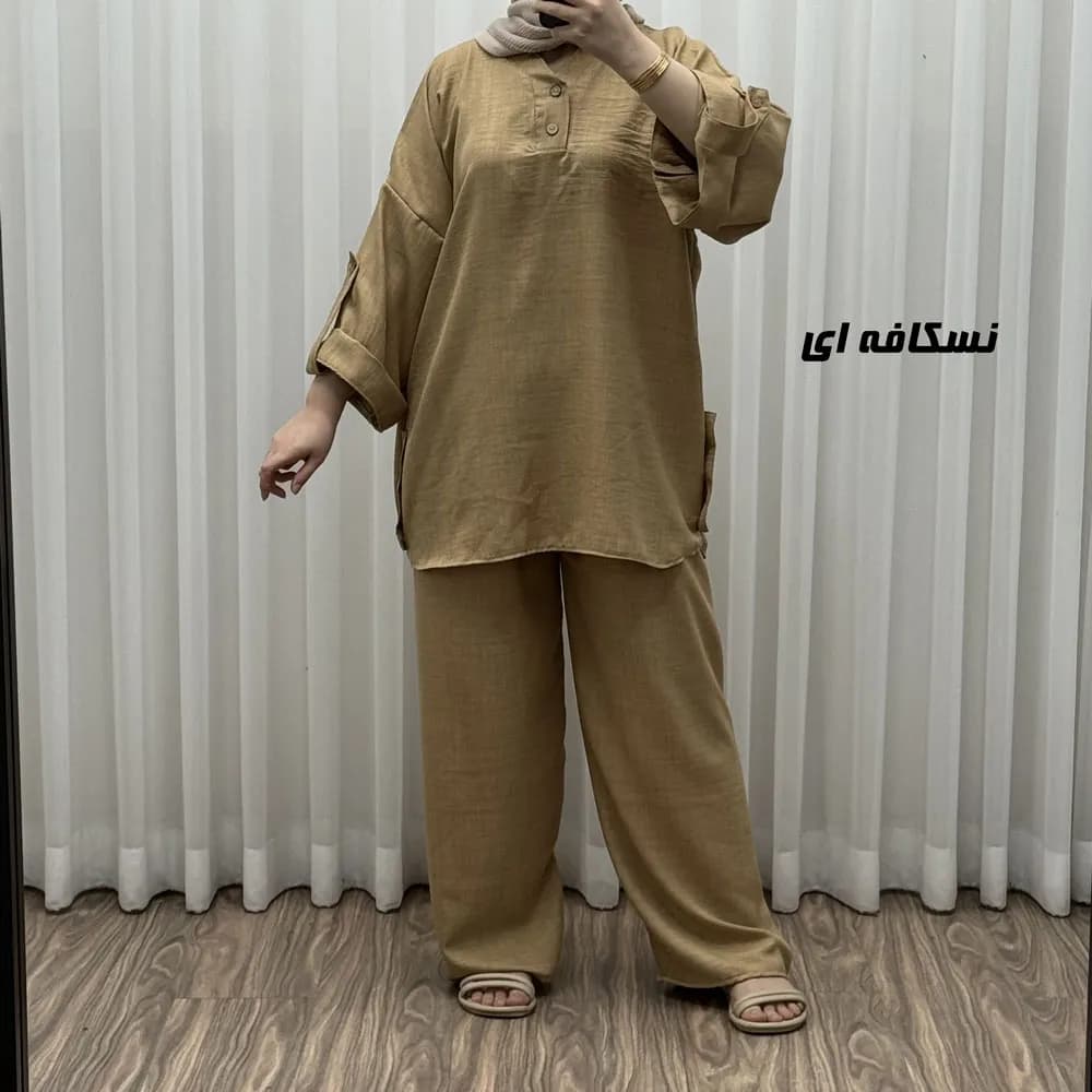 ست بلوز و شلوار زنانه مدل پانچی جنس شانتون فری سایز مناسب تا 52 — تصویر ۲