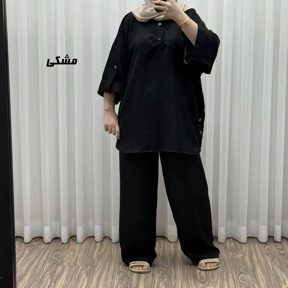 ست بلوز و شلوار زنانه مدل پانچی جنس شانتون فری سایز مناسب تا 52 — تصویر ۳