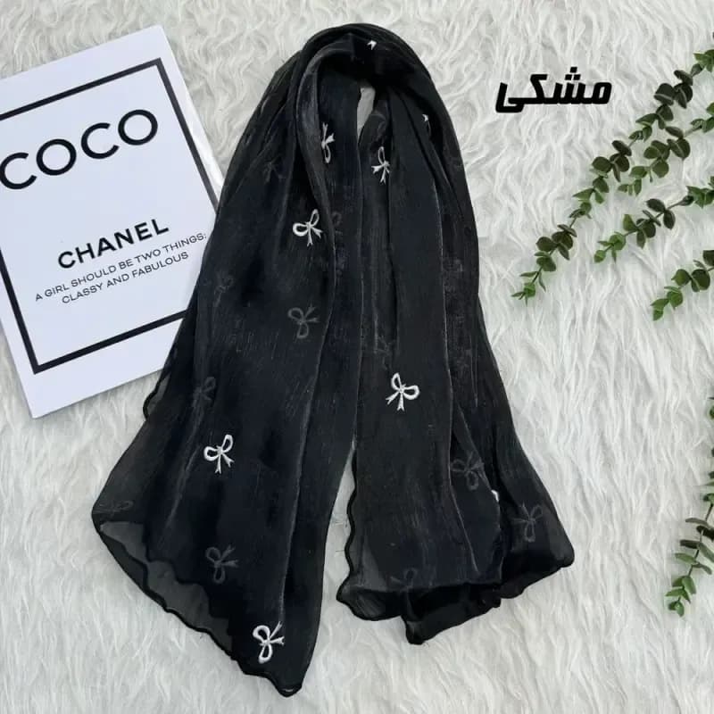 شال حریر کبریتی پاپیونی مشکی وارداتی مجلسی و روزمره قواره 190 در 67 — تصویر ۷