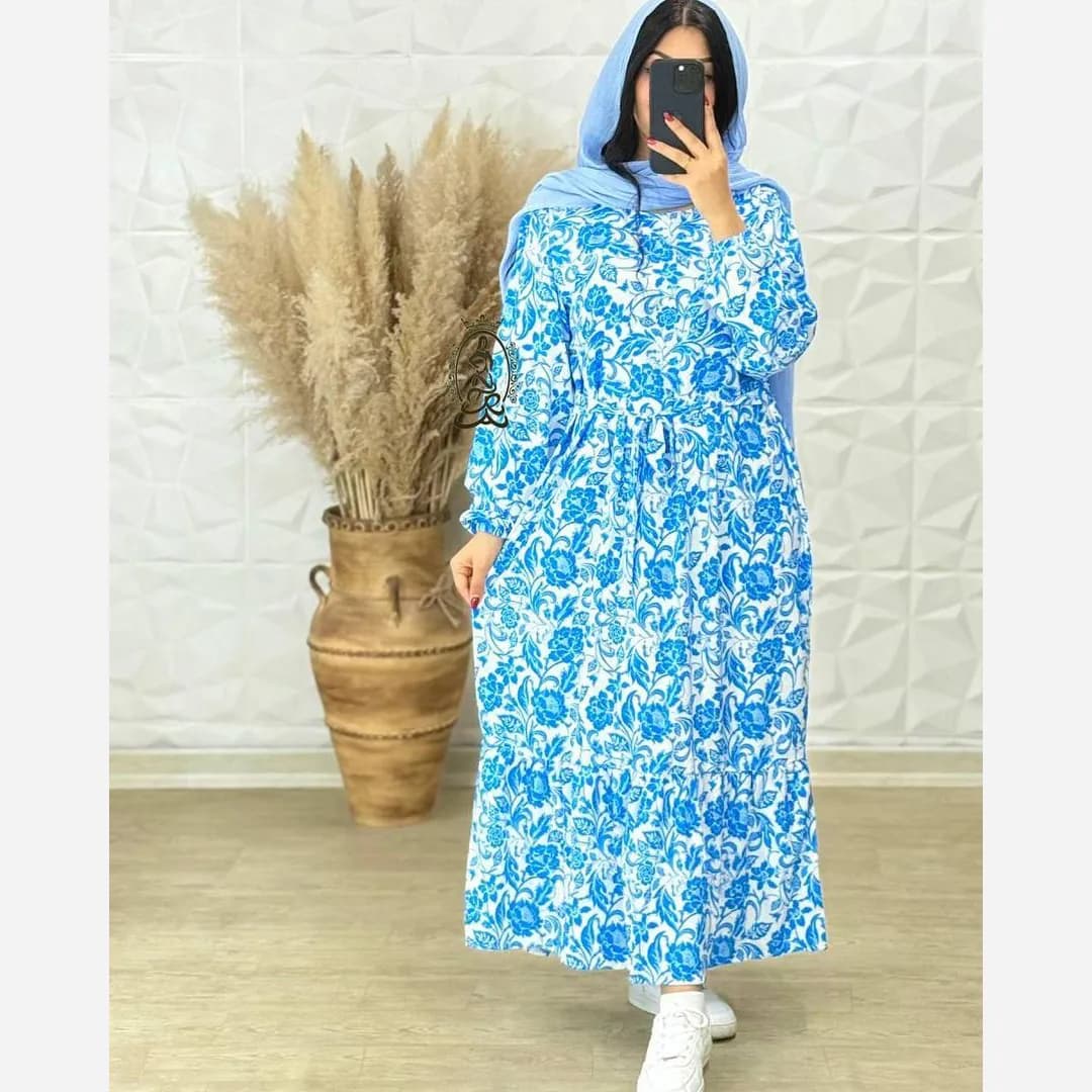 پیراهن ساحلی زنانه جنس کرپ فلور بوگاتی فری سایز قد 136 — تصویر ۹