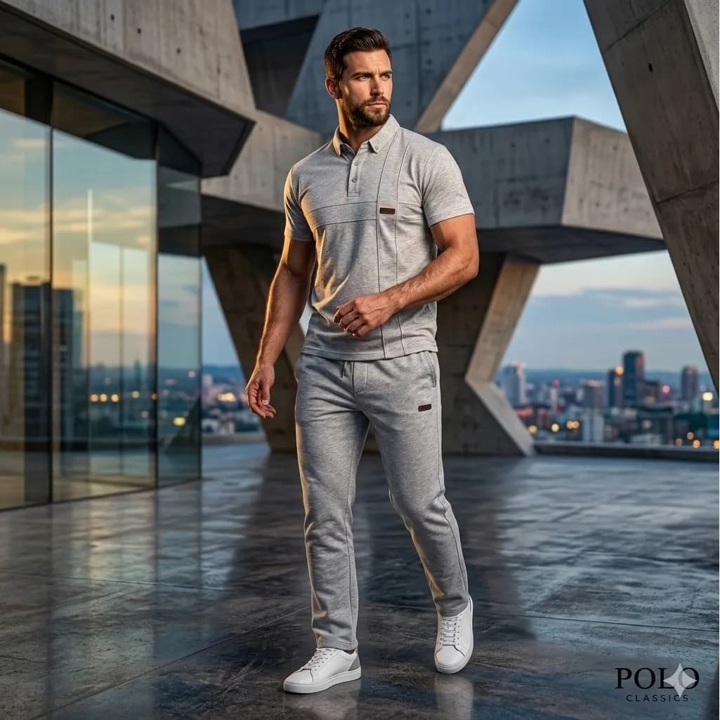 ست پولوشرت و شلوار مردانه نخ پنبه ملانژ طوسی مدل NARG2KHGR — تصویر ۵