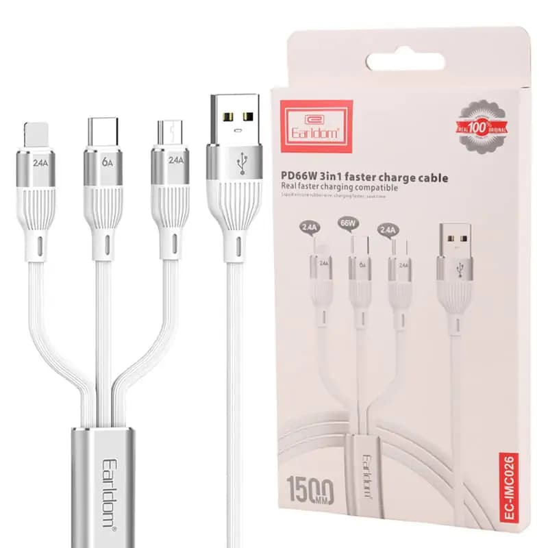 کابل 3 سر فست شارژ ارلدام مدل EC-IMC026 2.4A PD 66W 1.5m