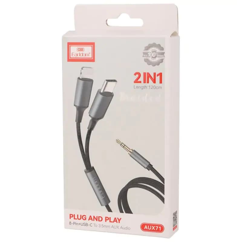 کابل تبدیل AUX جک 3.5 میلی متری صدا به Type-C / Lightning ارلدام مدل AUX71 120cm — تصویر ۲
