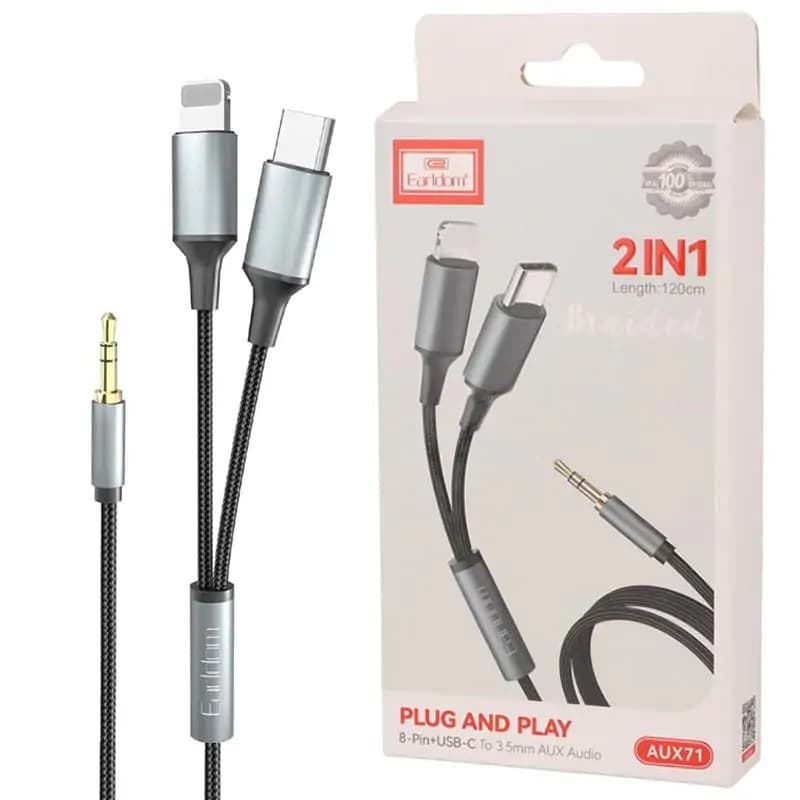 کابل تبدیل AUX جک 3.5 میلی متری صدا به Type-C / Lightning ارلدام مدل AUX71 120cm