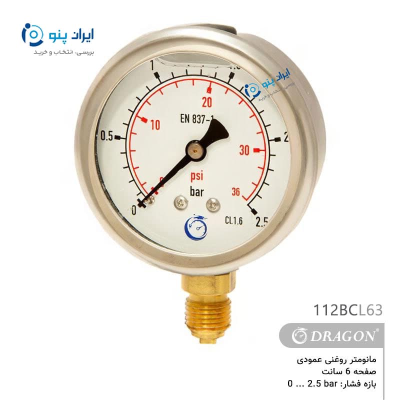 گیج فشار روغنی عمودی صفحه ۶ سانت صفر تا ۲٫۵ بار دراگون Dragon مدل 112BCL63