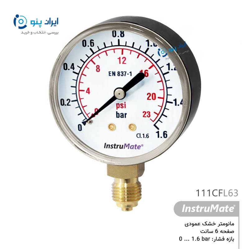 گیج فشار خشک عمودی صفحه ۶ سانت صفر تا ۱٫۶ بار اینسترومیت InstruMate مدل 111CFL63
