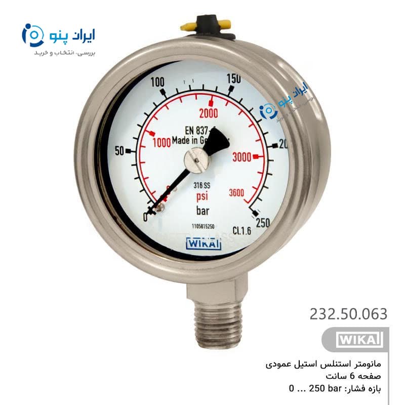 گیج فشار تمام استیل عمودی صفحه ۶ سانت صفر تا ۲۵۰ بار ویکا WIKA مدل 232.50.063