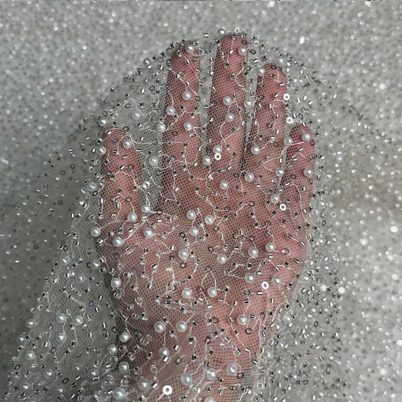 پارچه جسمیکو مروارید درشت کرم — تصویر ۳