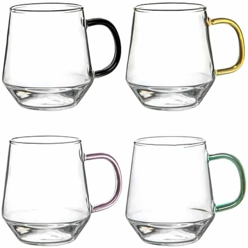 لیوان پیرکس ۴۰۰ میل دلی ست 4 عددی دسته رنگی | ماگ شیشه‌ای Color Handle — تصویر ۲