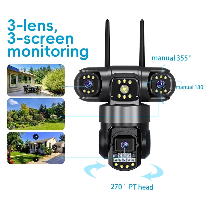 دوربین مداربسته سیمکارت خور سه لنز چرخشی 12 مگاپیکسل V380 3cam — تصویر ۳