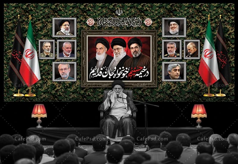 بنر پشت منبر محرم با عکس سه رهبر و شهدا