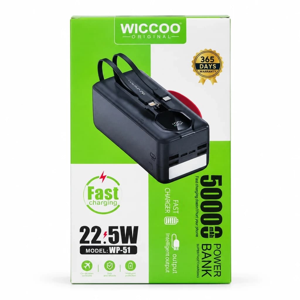 پاوربانک ۵۰۰۰۰ میلی‌آمپر ویکو مدل WICCOO WP-51 فست شارژ 22.5 وات با نمایشگر دیجیتال — تصویر ۳