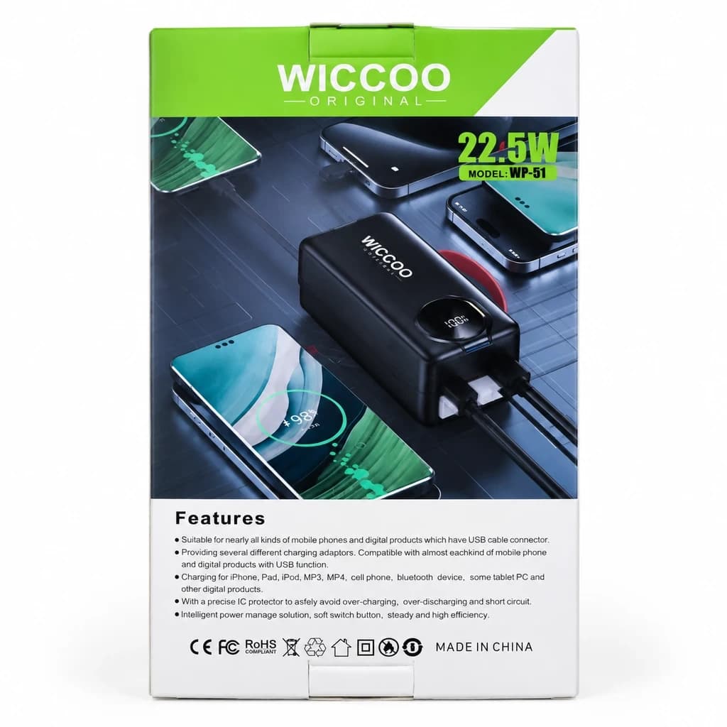 پاوربانک ۵۰۰۰۰ میلی‌آمپر ویکو مدل WICCOO WP-51 فست شارژ 22.5 وات با نمایشگر دیجیتال — تصویر ۴