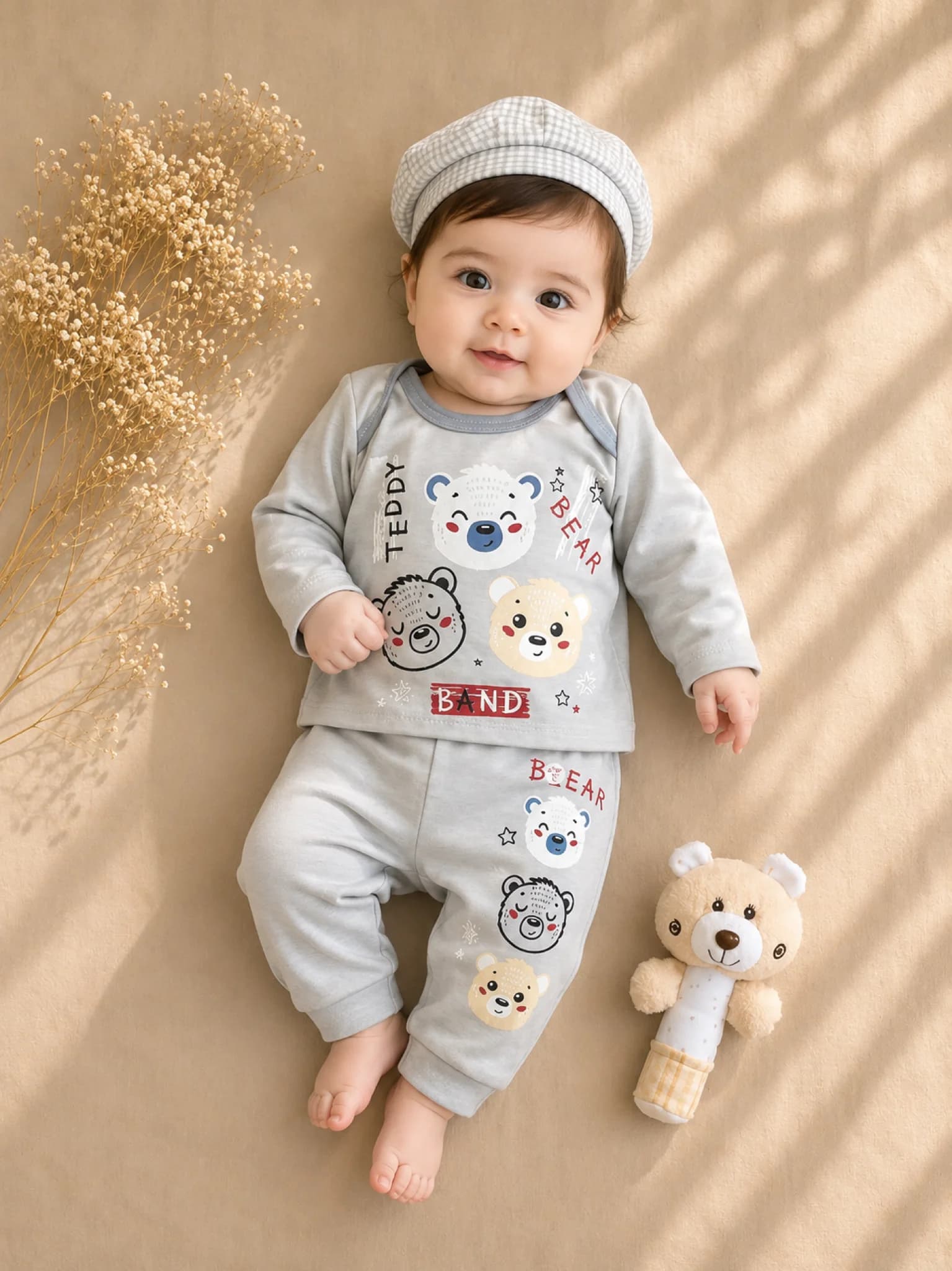 ست بلوز و شلوار نوزادی طوسی با طرح سه خرس