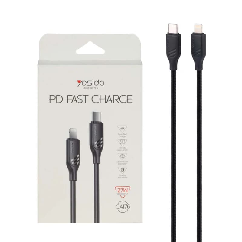 کابل شارژ فست Yesido Type-C to Lightning مدل CA176 27W – مشکی (گارانتی12 ماه تعویض نیکان همراه)