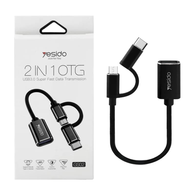 کابل تبدیل yesido OTG 2 IN 1 مدل GS02 مشکی (گارانتی 18 ماه تعویض نیکان همراه)