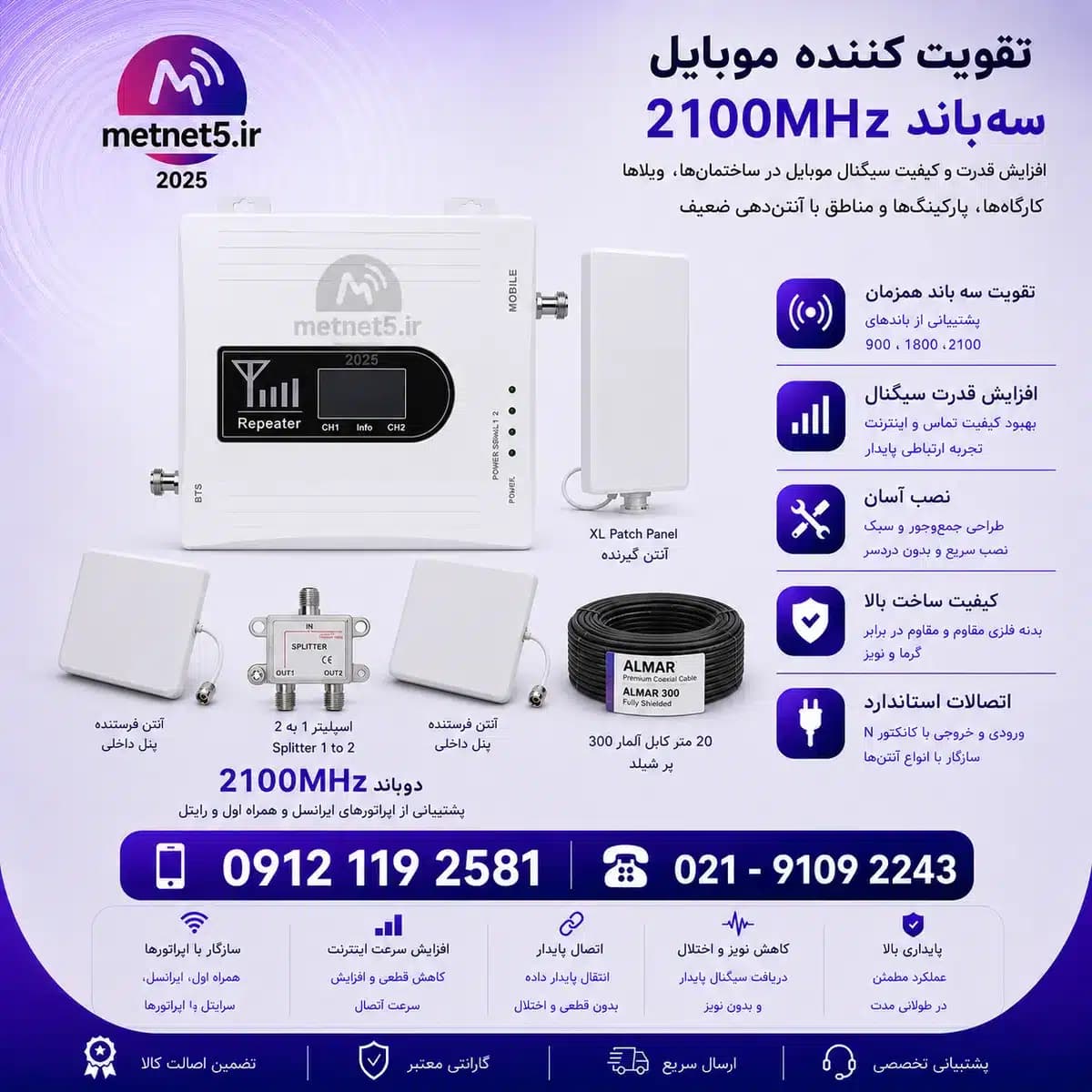 پکیج فوق‌العاده تقویت آنتن موبایل کاترین 3 باند مدل KT1504 با دو آنتن پنلی و کابل پرمیوم LMR300