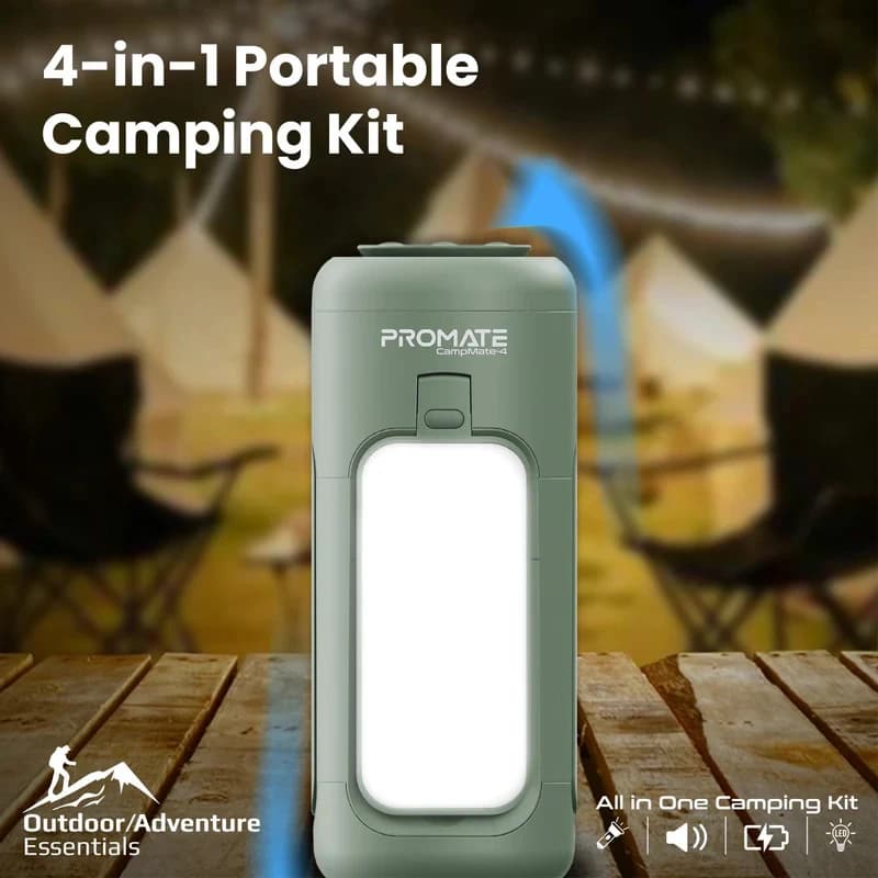 🔦 کمپینگ‌کیت Promate Campmate-4 | پاوربانک کمپینگ و اسپیکر بلوتوث | زیتون کمپ — تصویر ۳