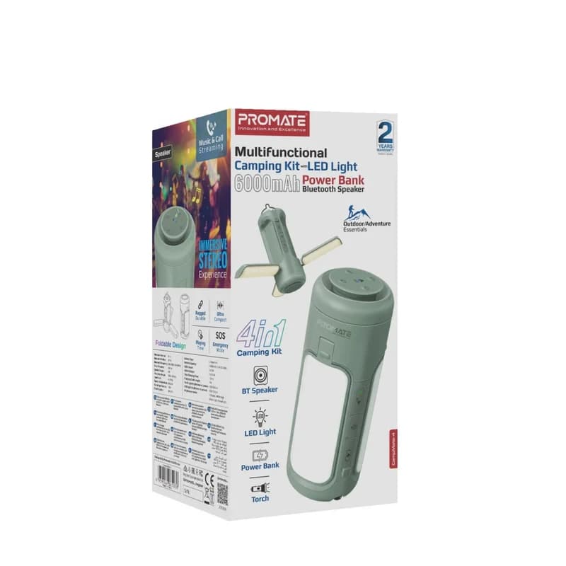 🔦 کمپینگ‌کیت Promate Campmate-4 | پاوربانک کمپینگ و اسپیکر بلوتوث | زیتون کمپ — تصویر ۲