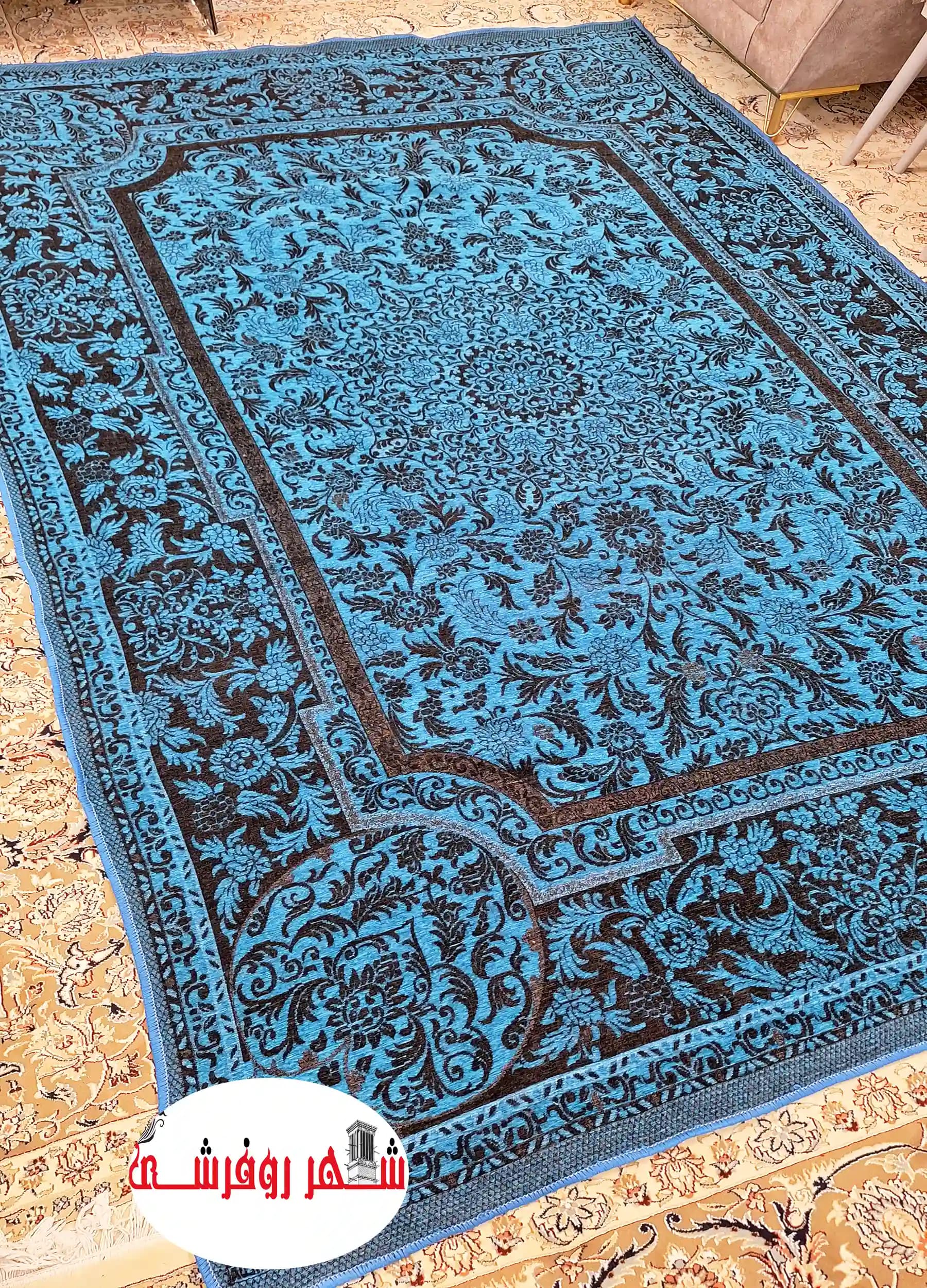 روفرشی مخمل دوشانل طرح هیلدا رنگ آبی کاربنی