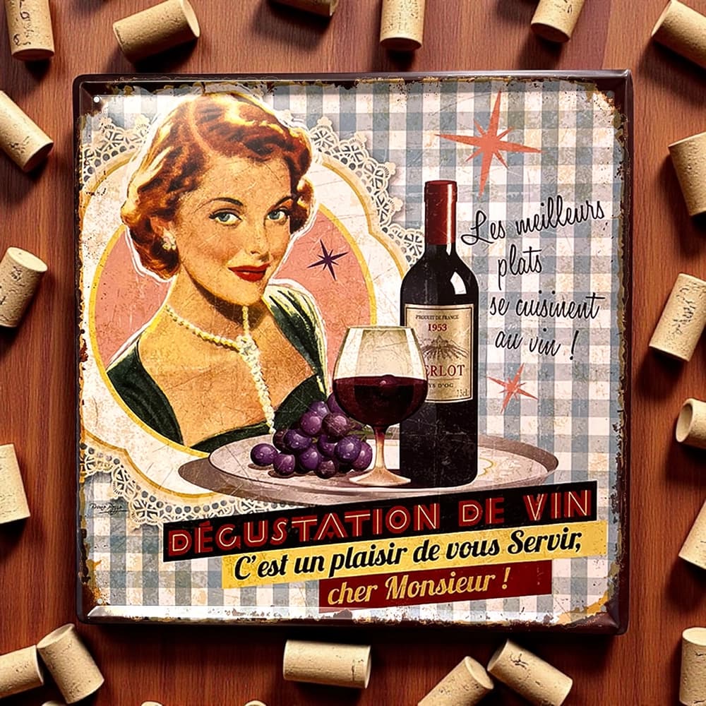 پلاک فلزی دکوری طرح Degustation de Vin ابعاد 30×30