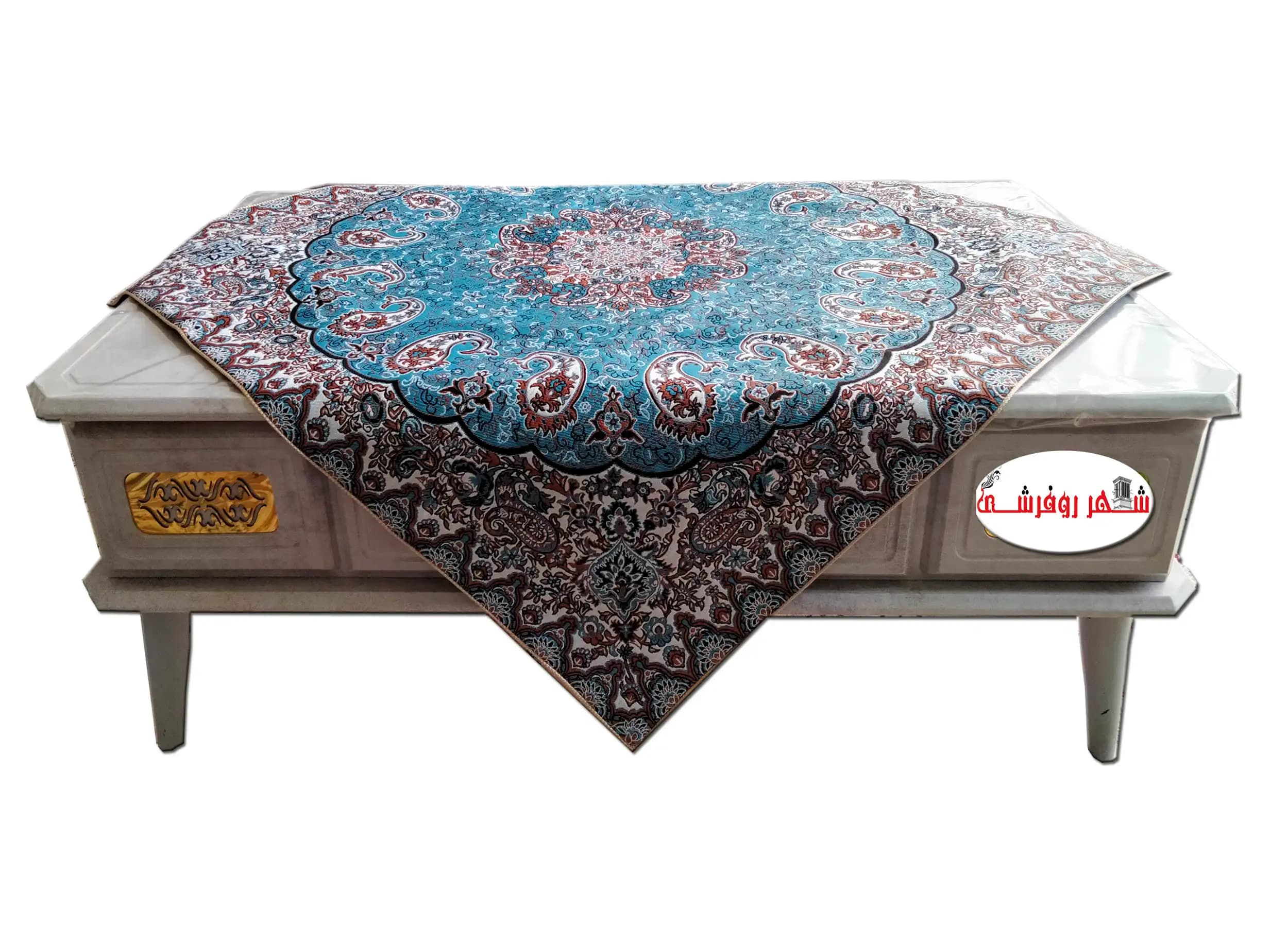 رومیزی ترمه طرح نسترن رنگ فیروزه ای
