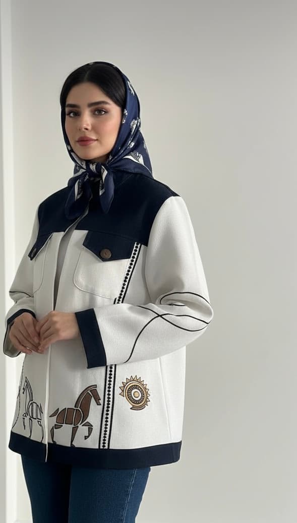 کت کوتاه زنانه جنس لینن کنفی ترکیبی با پارچه جین لایه کوبی شده طرح گلدوزی اسب