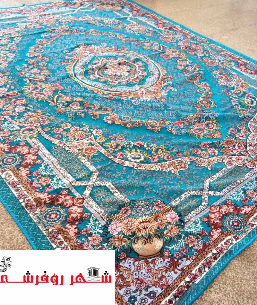 روفرشی یزدی مخمل ابریشم زرکدار رنگ آبی فیروزه ای کد 155