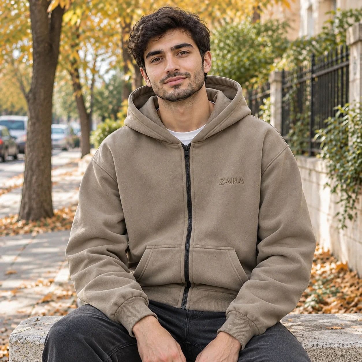 سوئیشرت کلاهدار مردانه مدل ZARA-خاکی — تصویر ۴