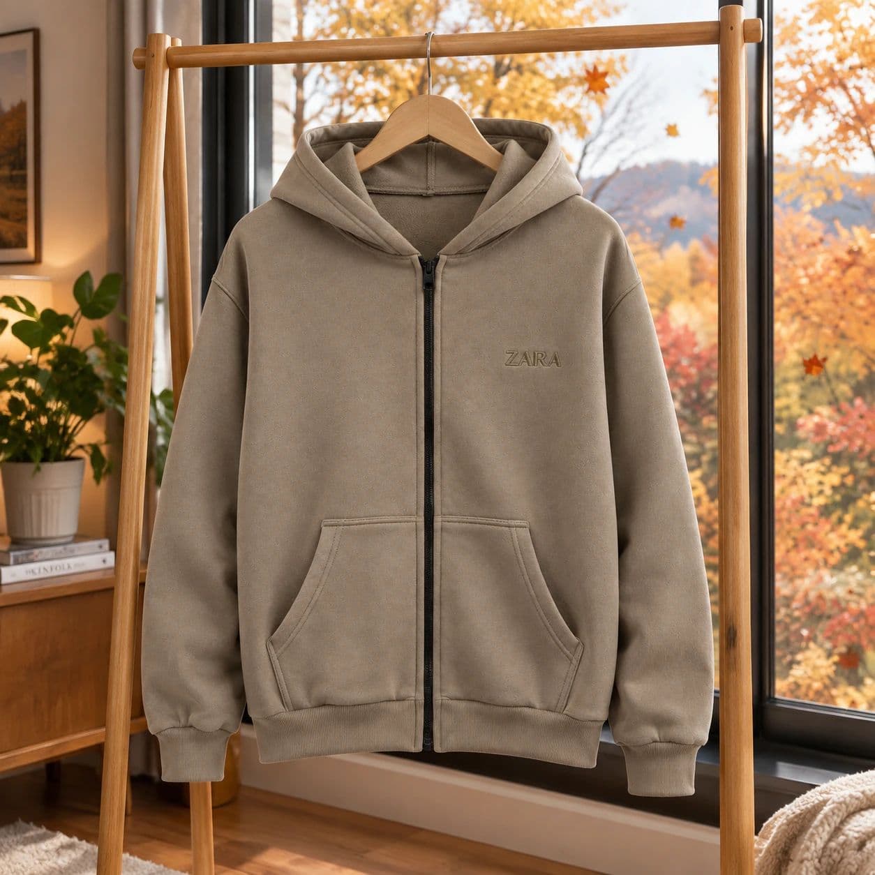سوئیشرت کلاهدار مردانه مدل ZARA-خاکی — تصویر ۶