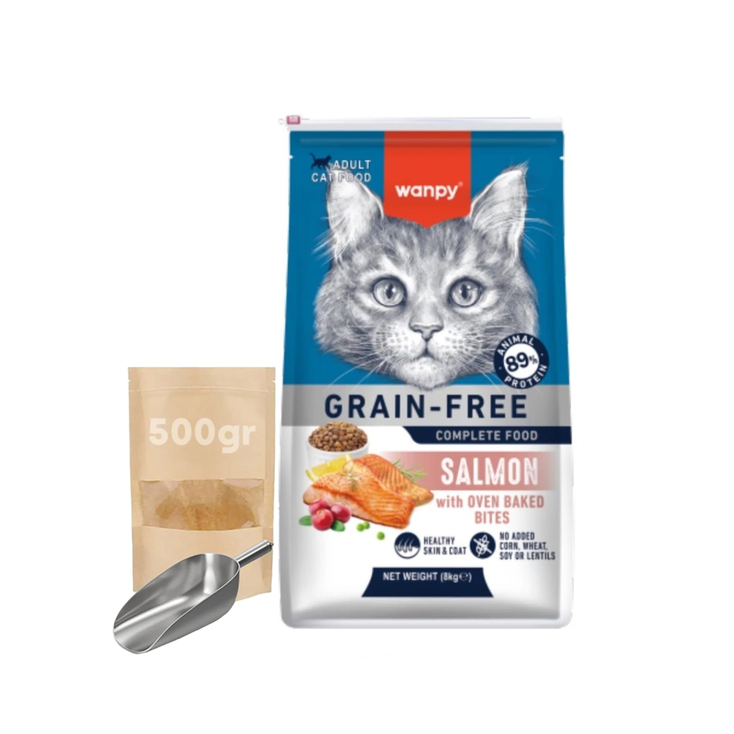 غذا خشک گربه بالغ | ونپی | مدل GRAIN FREE | طعم سالمون | وزن نیم کیلوگرم فله در زیپ کیپ