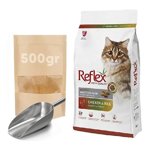 غذای خشک گربه بالغ | رفلکس | مدل مولتی کالر طعم مرغ و برنج | 500گرم فله در زیپ کیپ