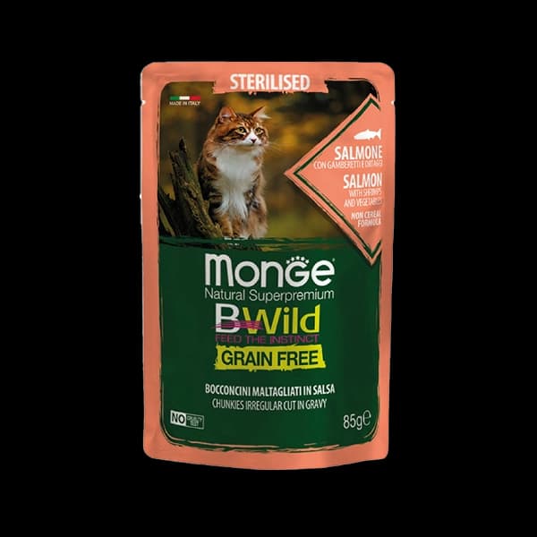 پوچ گربه عقیم مونژه مدل بی‌وایلد طعم ماهی سالمون و میگو Monge Bwild وزن 85 گرم