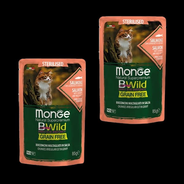 پوچ گربه عقیم مونژه مدل بی‌وایلد طعم ماهی سالمون و میگو Monge Bwild وزن 85 گرم — تصویر ۲