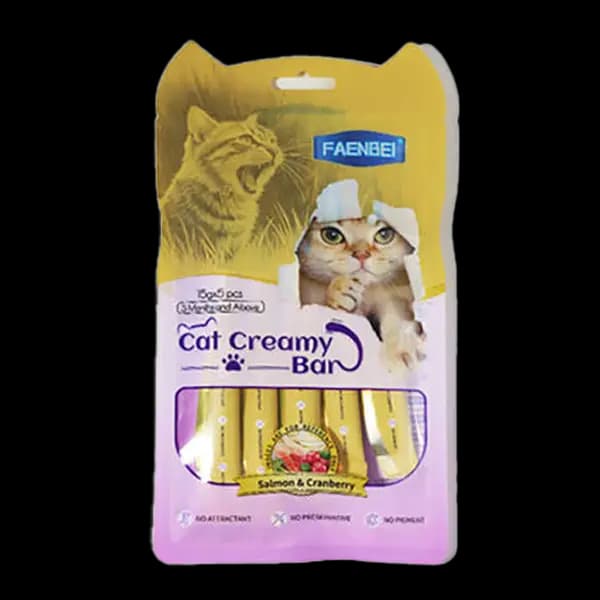 بستنی گربه فنبی با طعم ماهی سالمون و کرنبری Faenbei Cat Creamy Bar with Salmon & Cranberry بسته 5 عددی