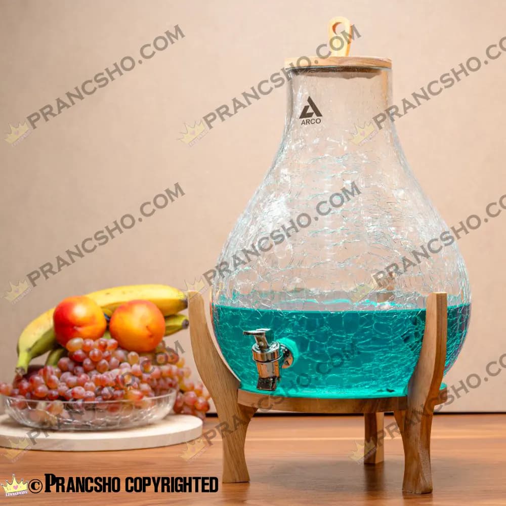 کلمن شیشه ای طرح ایکیا (گلابی) پایه چوبی بلند شیشه ساده الماسی (تَرَک دار) — تصویر ۲