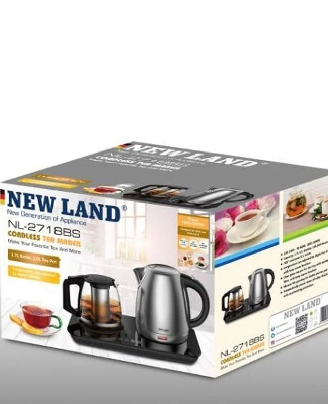 چای ساز نیولند NL-2718BS؛ کتری استیل ۱.۷ لیتری و قوری شیشهای
