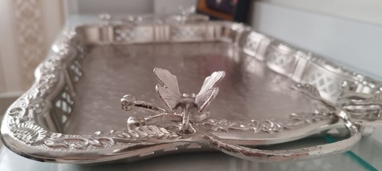 سینی پذیرایی مستطیل نیکل مدل پروانه کد6021NP — تصویر ۳