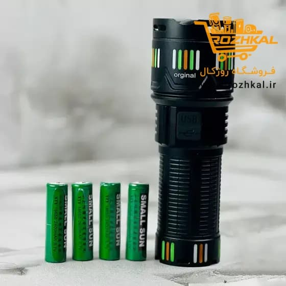 چراغ قوه اسمال سان مدل ZY-T273 با قدرت نور و شارژدهی بالا و جنس بدنه عالی پک اصلی — تصویر ۲