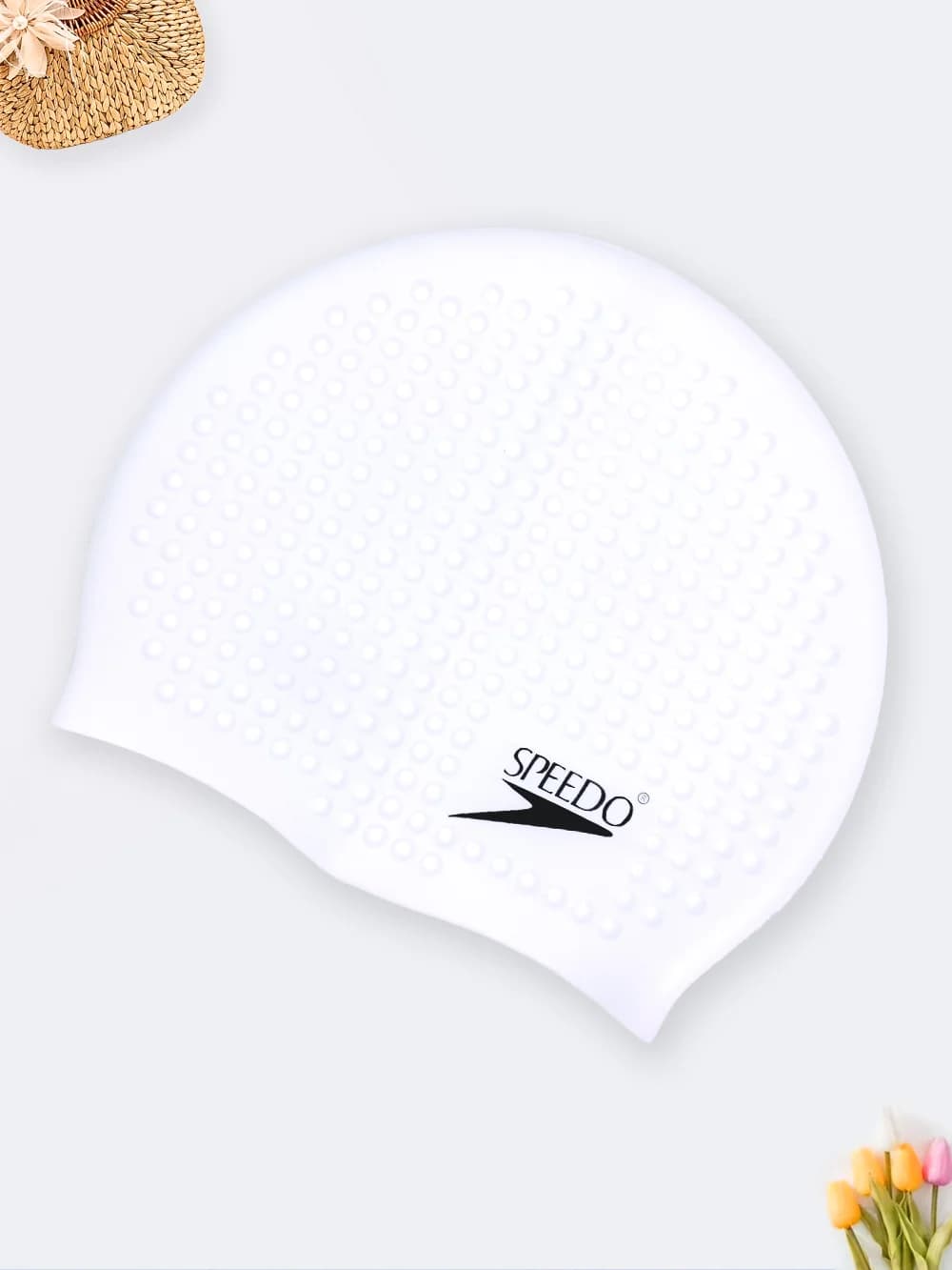 کلاه شنا سفید رنگ زنانه و مردانه سیلیکونی طرح توپی مارک اسپیدو ( Speedo )