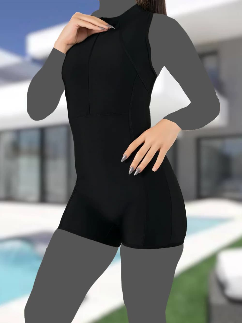 مایو زنانه پادار و کاپدار خاص بصورت یقه گرد زیپ دار مشکی اسپیدو ( Speedo ) — تصویر ۳
