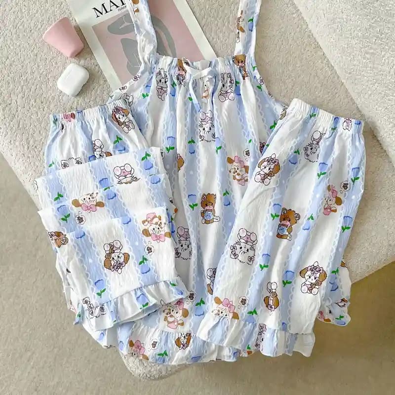 ست سه تکه راحتی موسلین زنانه Blue Bear | تاپ شلوار شورتک