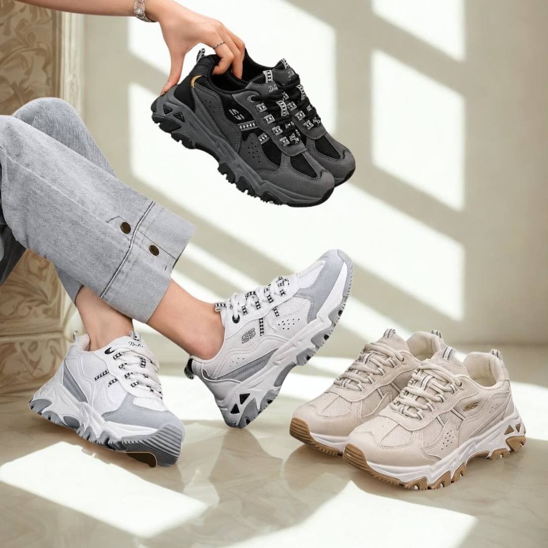 کتونی اسکیچرز لژدار سفید طوسی Skechers Platform White Gray Sneakers — تصویر ۳