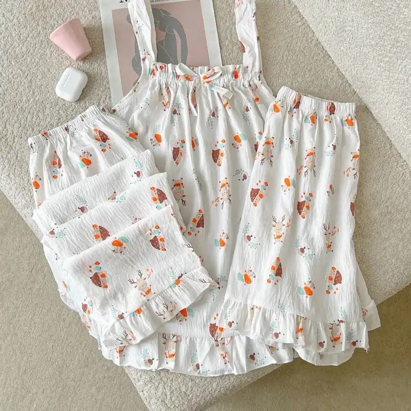 ست سه تکه راحتی زنانه موسلین Floral | تاپ و شلوار و شورتک راحتی 🌸